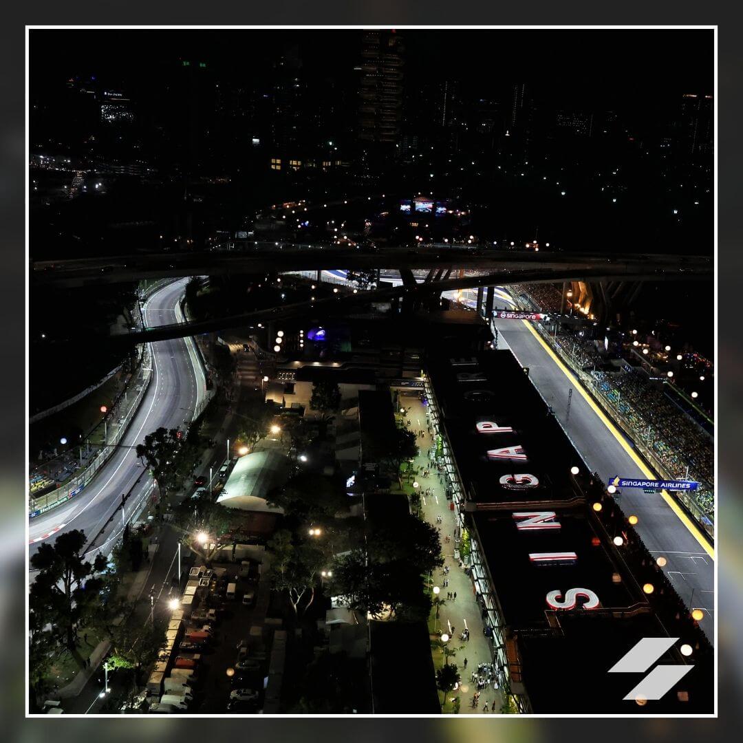 Aerial view of the pit building and the paddock at the marina Bay Street circuit