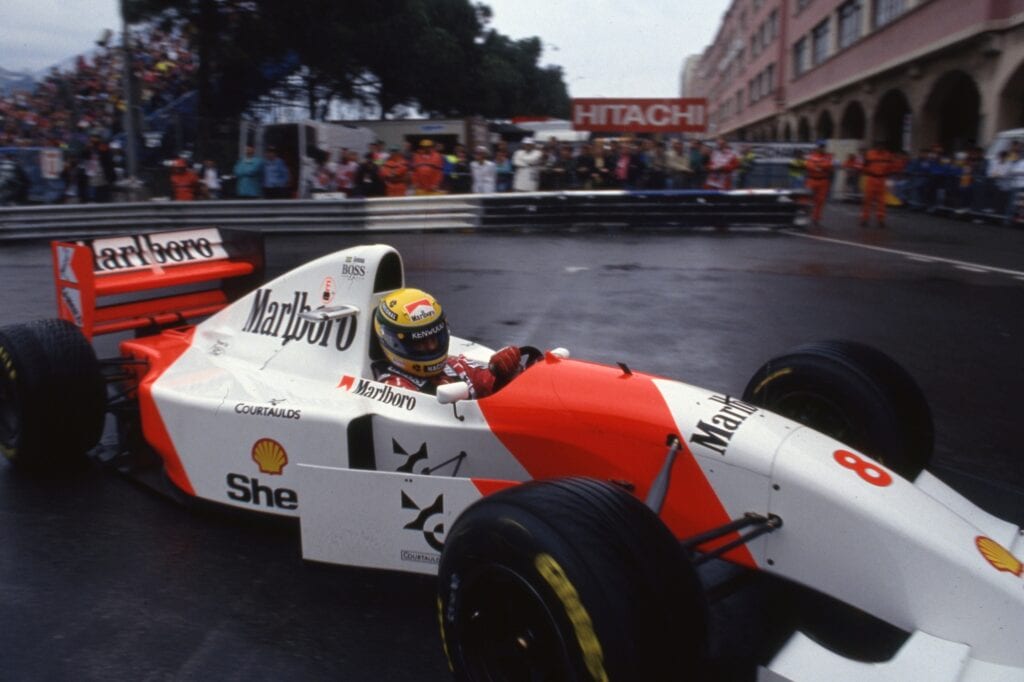 Ayrton Senna in the McLaren MP4/8, on the streets of Monaco in 1993.