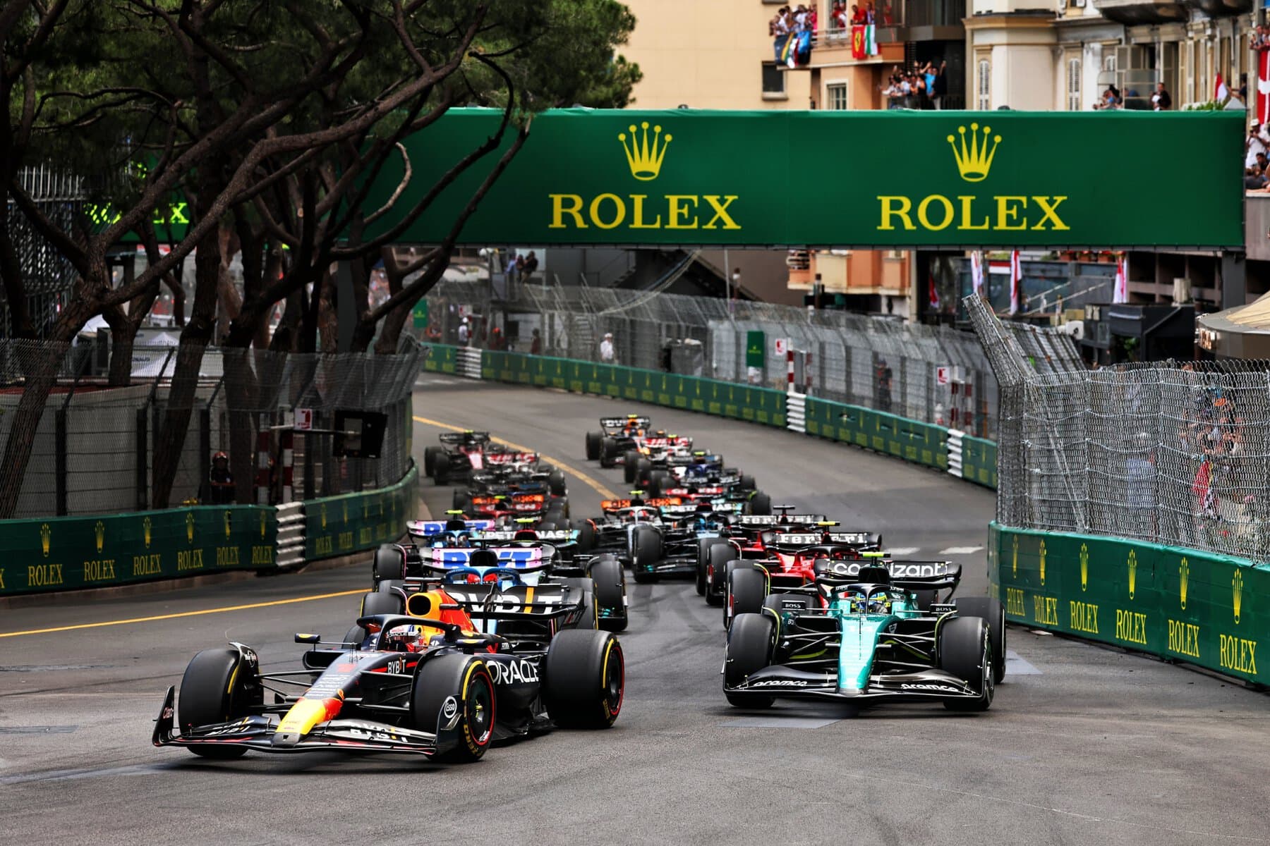Formula One cars head into turn one at the Monaco Grand Prix.