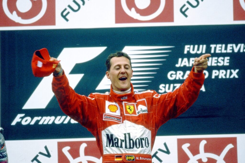 Michael Schumacher on the Suzuka podium in 2000
