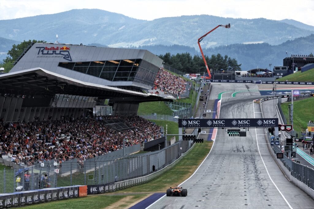 Start–Ziel Grandstand on the Start/Finish straight Austrian Grand Prix