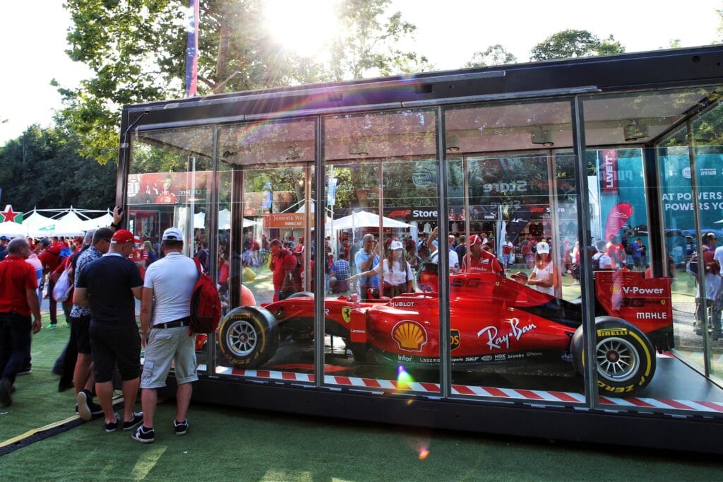 F1 cars on display in the Fan Zone