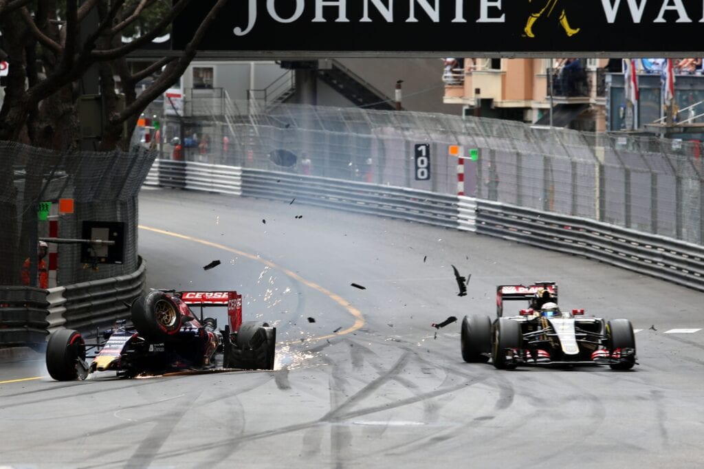 Max Verstappen crashes with Romain Grosjean during the 2015 Monaco Grand Prix