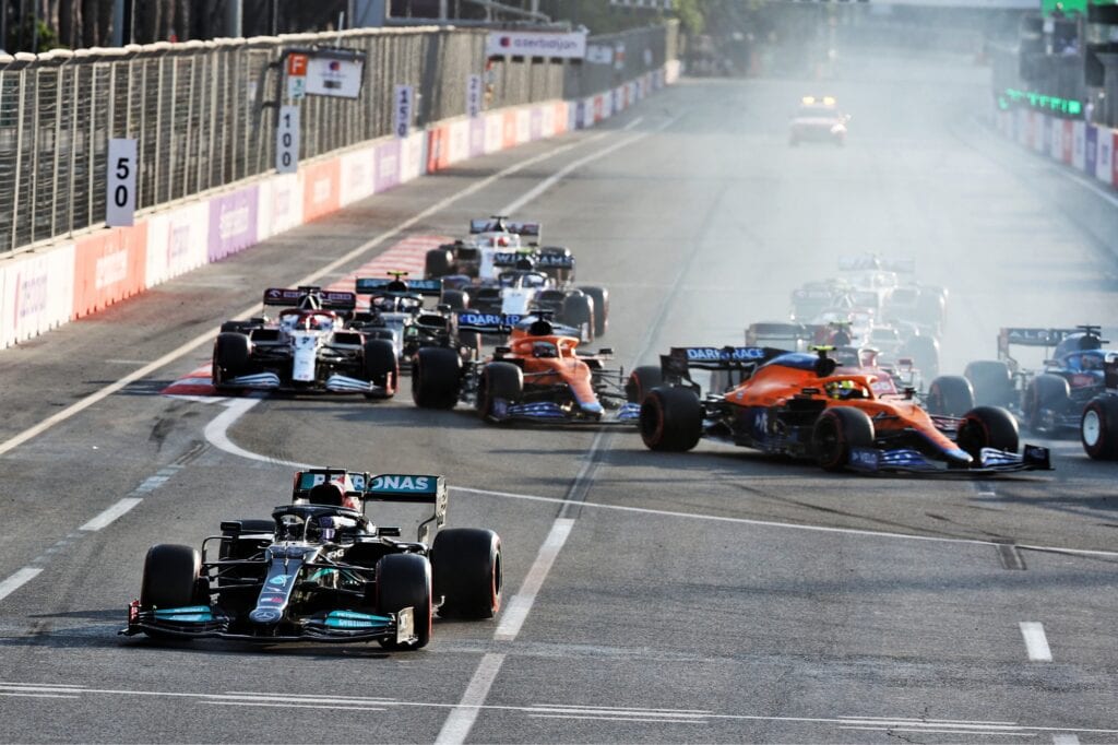 Lewis Hamilton goes off at turn one of the restart the Azerbaijan Grand Prix 