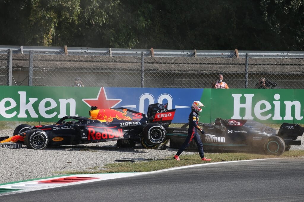 Max Verstappen and Lewis Hamilton crash at the first chicane during the 2021 Italian Grand Prix