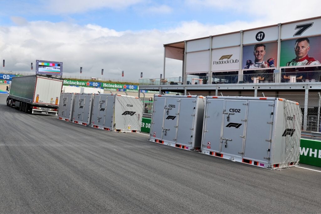 Formula 1 freight containers arrive on the grid at Zandvoort
