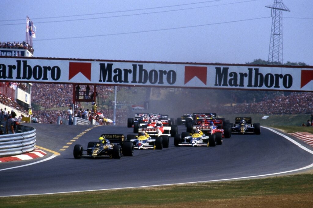 Ayrton Senna leads at the start of the Hungarian Grand Prix in 1986