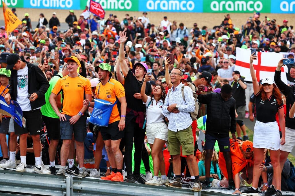 Fans invade the circuit at the end of the British Grand Prix at Silverstone